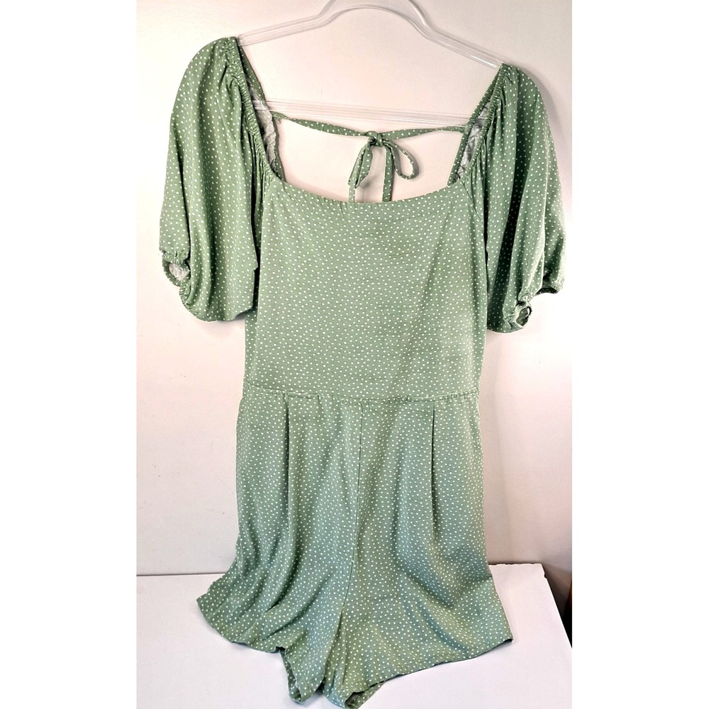 LOFT‎ Beach Romper Women's S Green White Polka Dots Bow Stretch Boho